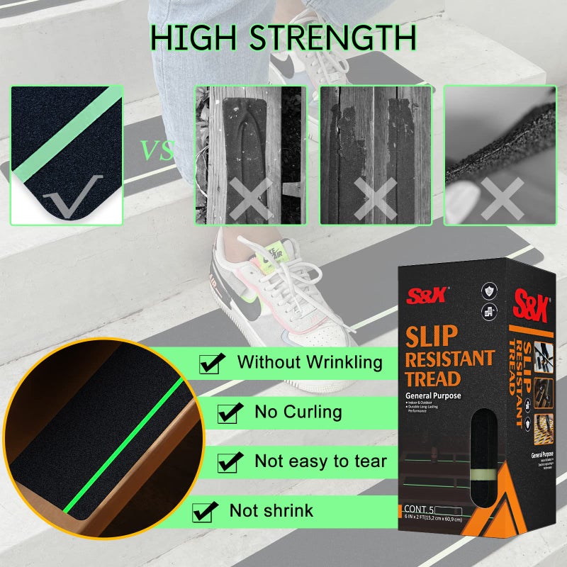 SX S&X Outdoor Stair Treads Non-Slip 5-Pack, 6" x 24" with Glow-in-The-Dark Stripe Heavy Duty Anti Slip Tape for All Slippery Surfaces - Weather Resistant Grip Tape for Stairs, Steps - Image 3